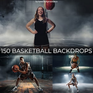 May include: Three basketball players pose on a basketball court. The court is made of wood and has a painted line down the center. The players are wearing basketball uniforms and holding basketballs. The background is a dark, smoky room with a basketball hoop in the distance.