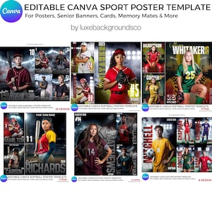 Pu&ograve; includere: Un modello Canva per poster sportivi modificabili, banner senior, biglietti e ricordi. Il design presenta temi di baseball, softball e calcio con foto di giocatori, nomi di squadre e l'anno 2025 o 2026. Il modello include varie opzioni di design.
