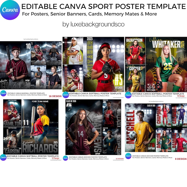 Pu&ograve; includere: Un modello Canva per poster sportivi modificabili, banner senior, biglietti e ricordi. Il design presenta temi di baseball, softball e calcio con foto di giocatori, nomi di squadre e l'anno 2025 o 2026. Il modello include varie opzioni di design.