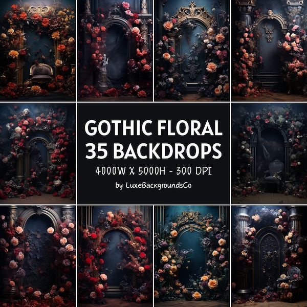 35 Gothic Floral Backdrops, Gothic Scene Digital Backdrop, Halloween Backdrop, Studio Background, Flowers Wall Backdrop, Maternity Backdrop