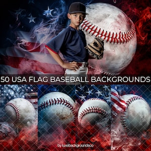 Puede incluir: Un jugador de béisbol se para frente a un fondo de bandera estadounidense rojo, blanco y azul con humo y pelotas de béisbol. El texto "50 USA FLAG BASEBALL BACKGROUNDS" está en la parte inferior de la imagen.