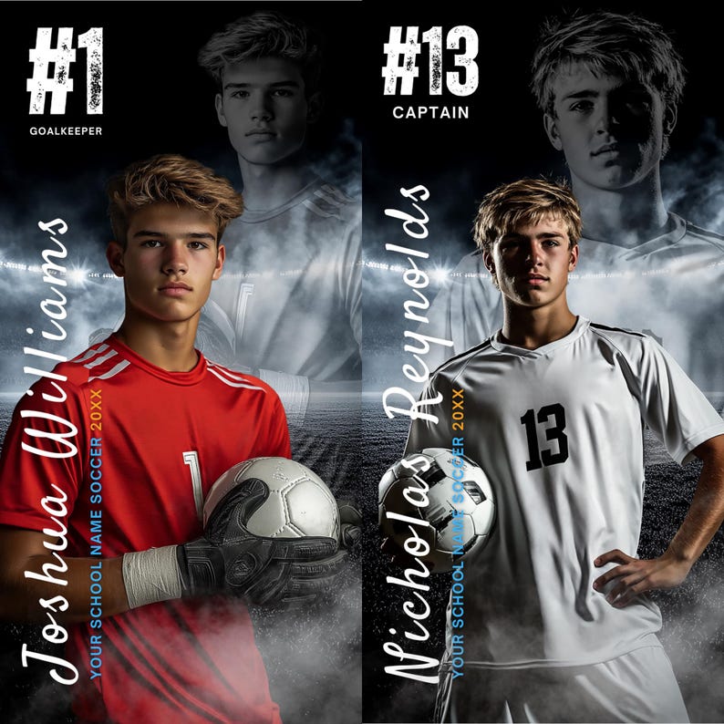 Puede incluir: Dos retratos de jugadores de f&uacute;tbol. Uno con una camiseta roja con el texto "#1 GOALKEEPER" y el nombre "Joshua Williams". El otro con una camiseta blanca con el texto "#13 CAPTAIN" y el nombre "Nicholas Reynolds". Ambos sostienen balones de f&uacute;tbol.