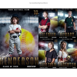 Pu&ograve; includere: Un'immagine composita con ritratti di squadre di softball. L'immagine include foto individuali dei giocatori con i loro nomi, posizioni e informazioni sulla squadra. Una grande palla da softball gialla &egrave; sullo sfondo, con effetti di illuminazione dello stadio. Il testo "YOUR SOFTBALL TEAM" &egrave; in alto.