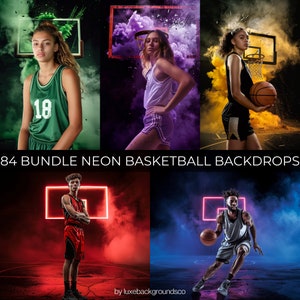 PAQUETE DE 84 fondos de baloncesto con luces de neón y explosión de polvo de arena, regalo de baloncesto para la noche de los mayores, tarjeta, póster para deporte