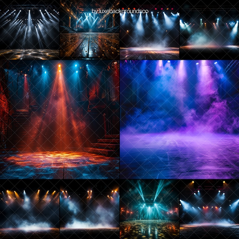 May include: A collage of nine images showing different stage lighting setups with smoke and fog. The images show various colors of light, including blue, red, purple, and white. The stage is empty, with a wooden floor and a dark background.