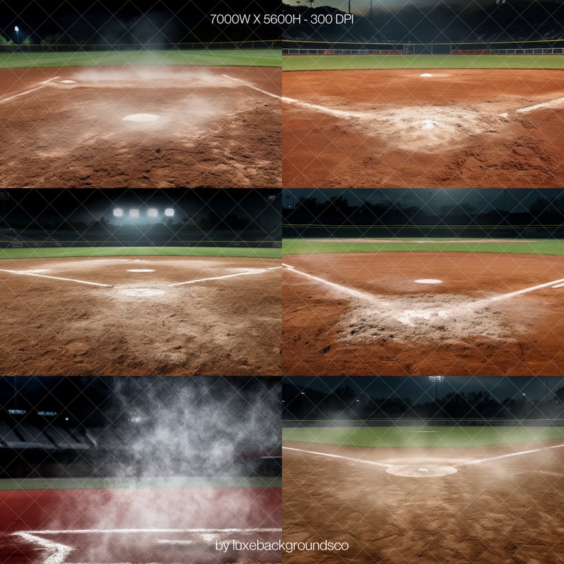 Pode incluir: Um conjunto de seis fundos digitais de campo de beisebol com diferentes efeitos de ilumina&ccedil;&atilde;o e nevoeiro. Os fundos s&atilde;o perfeitos para criar cenas de beisebol realistas.