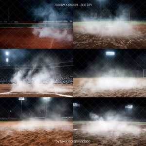 Pode incluir: Um campo de beisebol &agrave; noite com uma nuvem de poeira subindo do campo interno. O campo &eacute; iluminado pelas luzes do est&aacute;dio. A imagem &eacute; dividida em seis se&ccedil;&otilde;es, cada uma mostrando um &acirc;ngulo diferente da nuvem de poeira.