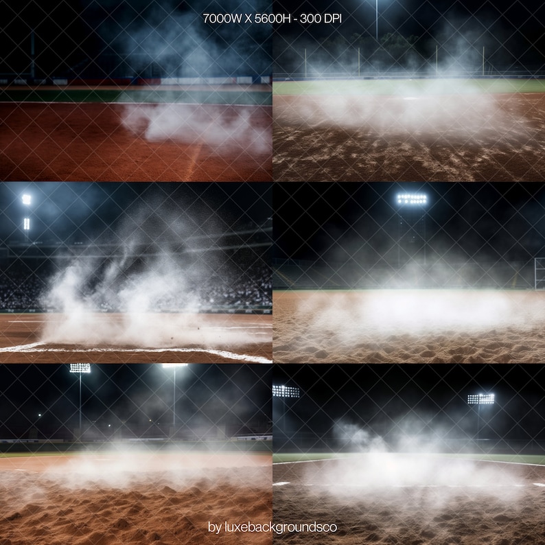 Pode incluir: Um campo de beisebol &agrave; noite com uma nuvem de poeira subindo do campo interno. O campo &eacute; iluminado pelas luzes do est&aacute;dio. A imagem &eacute; dividida em seis se&ccedil;&otilde;es, cada uma mostrando um &acirc;ngulo diferente da nuvem de poeira.