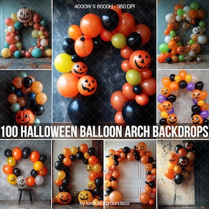 May include: Ten different Halloween balloon arch backdrops featuring orange, black, and green balloons with pumpkin faces. The backdrops are perfect for a Halloween party or event.