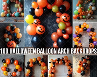 May include: Ten different Halloween balloon arch backdrops featuring orange, black and green balloons with pumpkin faces. The backdrops are perfect for a Halloween party or event.