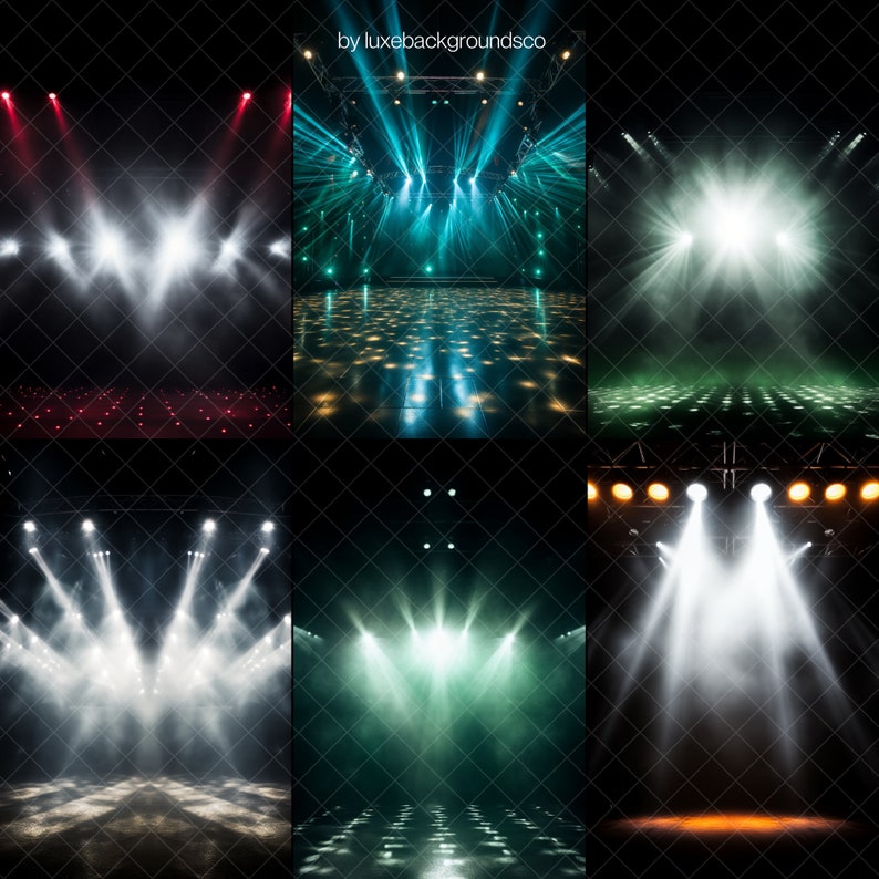 May include: A collage of nine images showing different stage lighting setups with spotlights and smoke effects. The images are arranged in a 3x3 grid.