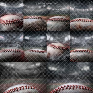 Peut inclure: Un collage de balles de baseball, chacune montrant diff&eacute;rents degr&eacute;s d'usure. Les balles sont blanches avec des coutures rouges, sur un fond flou d'un terrain de baseball et de lumi&egrave;res de stade. L'image a une ambiance vintage et nostalgique.
