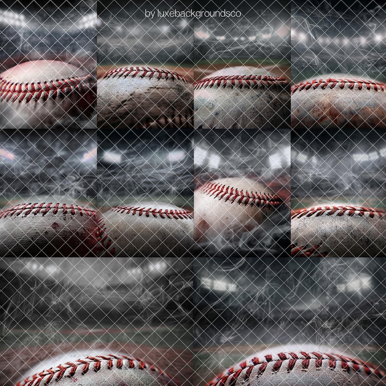 Peut inclure: Un collage de balles de baseball, chacune montrant diff&eacute;rents degr&eacute;s d'usure. Les balles sont blanches avec des coutures rouges, sur un fond flou d'un terrain de baseball et de lumi&egrave;res de stade. L'image a une ambiance vintage et nostalgique.