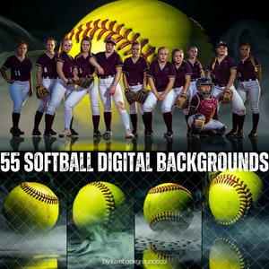 May include: A group of female softball players wearing maroon and white uniforms stand in front of a large yellow softball. The players are holding bats, gloves, and a softball. The background is a dark, smoky effect. The text "55 SOFTBALL DIGITAL BACKGROUNDS" is at the bottom of the image.