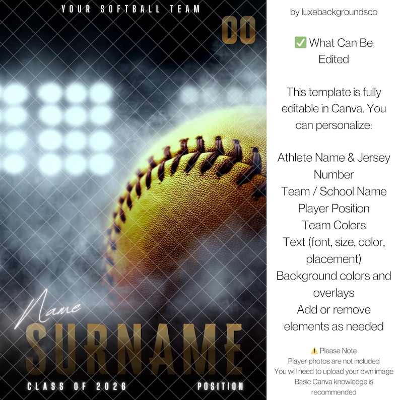 Pu&ograve; includere: Un modello a tema softball con una palla da softball gialla in primo piano, con il testo "YOUR SOFTBALL TEAM" e campi modificabili per il nome dell'atleta, il numero di maglia e i dettagli della squadra.