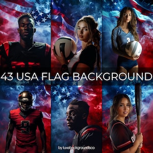Puede incluir: Un collage de seis imágenes con atletas en varios deportes sobre un fondo de una bandera estadounidense con humo y estrellas. Las imágenes incluyen un jugador de fútbol americano, una jugadora de voleibol, un jugador de béisbol y tres retratos.