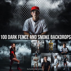 May include: 100 Dark Fence and Smoke Backdrops. A collection of digital backgrounds featuring a dark chain-link fence with smoke and fog effects. Ideal for sports photography, especially baseball and football.