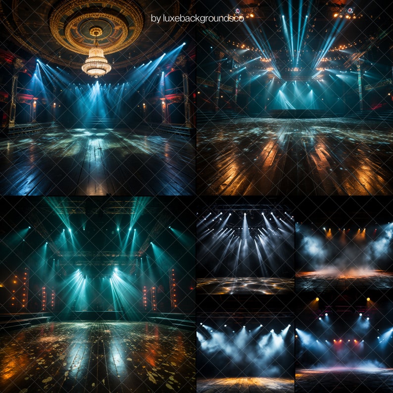 May include: A collage of six images showing a stage with spotlights and smoke. The stage is made of wood and has a dark brown color. The spotlights are shining brightly and creating a dramatic effect. The smoke is swirling around the stage and adding to the atmosphere.