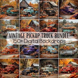 May include: A collection of digital backdrops featuring vintage pickup trucks decorated with pumpkins and autumn foliage. The trucks are in various colours, including blue, red, green, and purple. The backdrops are perfect for creating autumn-themed photos.