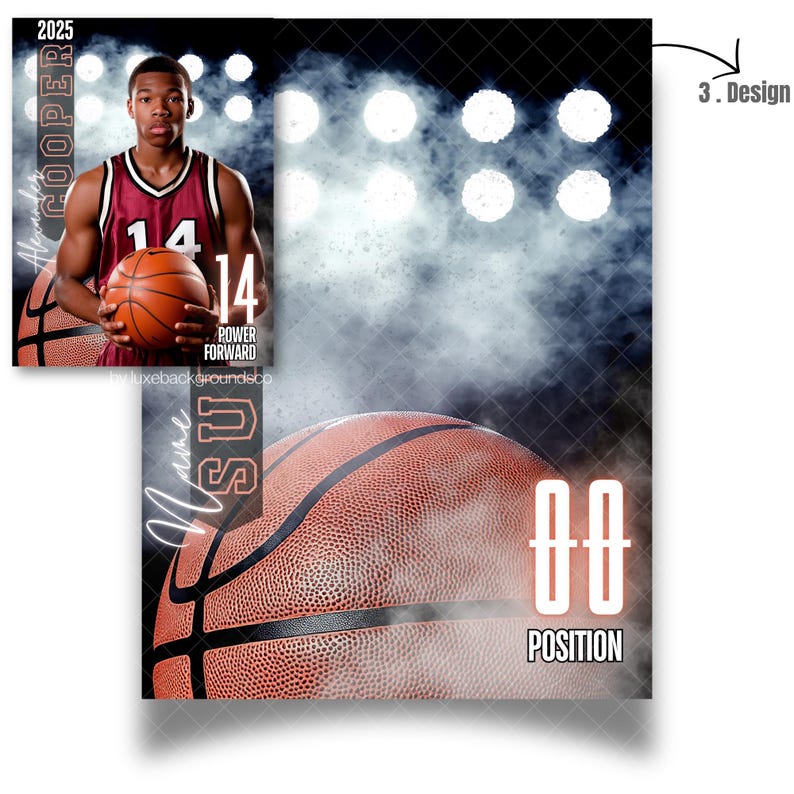 May include: A basketball player wearing a red and white jersey with the number 14 on it. The player is holding a basketball and is standing in front of a black background with white spotlights. The text "2025" and "COOPER" are visible in the top left corner of the image. The text "POWER FORWARD" is visible below the player's number. The text "Name" and "SU" are visible in the bottom left corner of the image. A basketball is visible in the bottom centre of the image. The text "00" and "POSITION" are visible in the bottom right corner of the image.