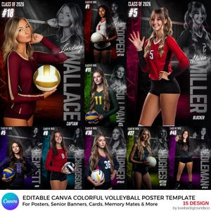 Peut inclure: Un modèle d'affiche de volleyball coloré avec plusieurs athlètes féminines en uniforme d'équipe, tenant des ballons de volleyball. L'affiche comprend le texte "Class of 2026" et les noms des joueuses. Le logo Canva est visible.
