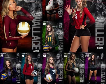 Puede incluir: Una plantilla de póster de voleibol colorida con múltiples atletas femeninas con sus uniformes de equipo, sosteniendo balones de voleibol. El póster incluye el texto "Class of 2026" y los nombres de las jugadoras. El logotipo de Canva es visible.