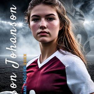 Puede incluir: Gr&aacute;fico de f&uacute;tbol con una joven con una camiseta granate y blanca con el n&uacute;mero 8. La imagen incluye un bal&oacute;n de f&uacute;tbol y el nombre "Madison Johnson". El fondo muestra un estadio con luces y una segunda imagen en escala de grises.