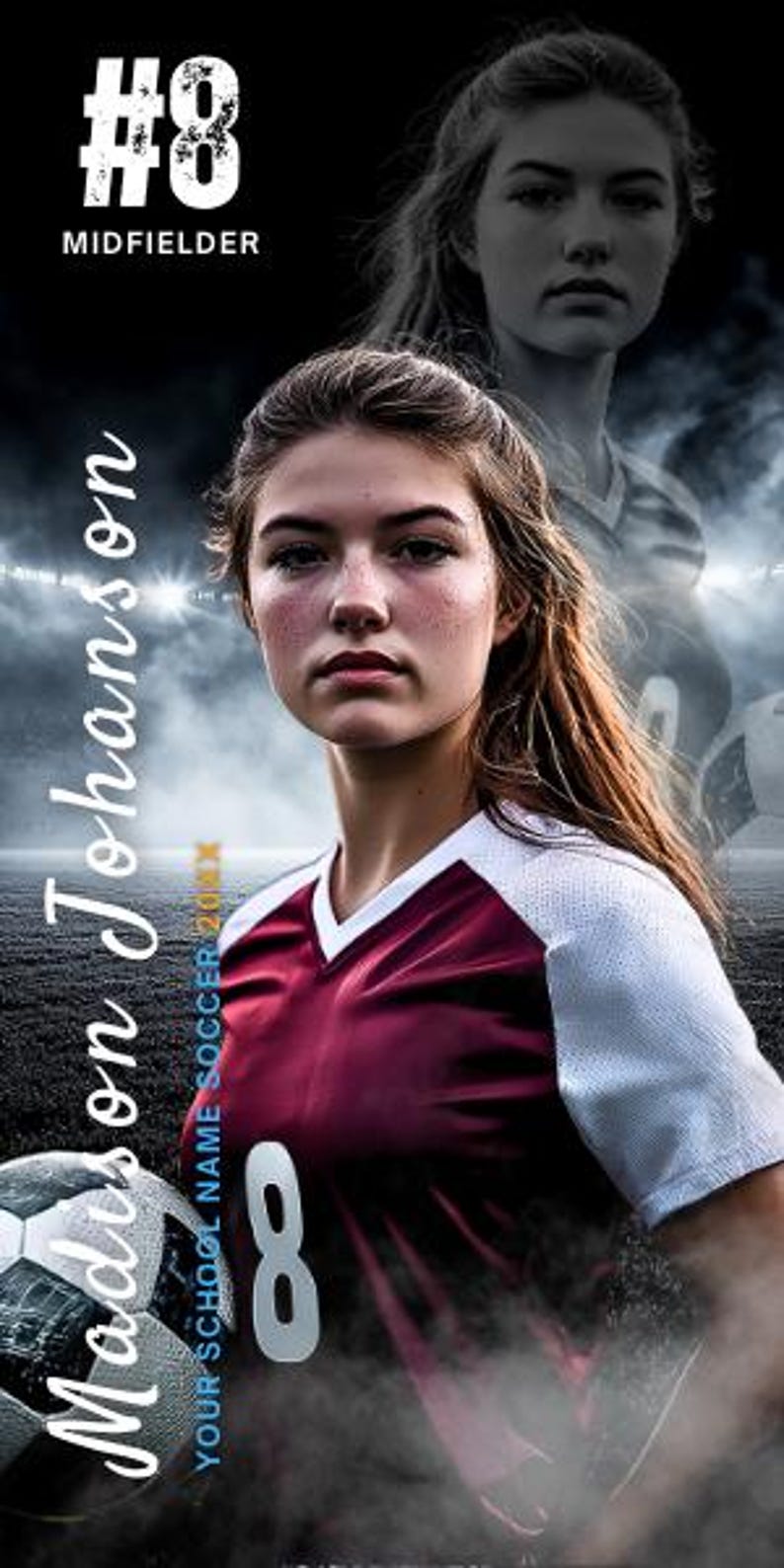 Puede incluir: Gr&aacute;fico de f&uacute;tbol con una joven con una camiseta granate y blanca con el n&uacute;mero 8. La imagen incluye un bal&oacute;n de f&uacute;tbol y el nombre "Madison Johnson". El fondo muestra un estadio con luces y una segunda imagen en escala de grises.