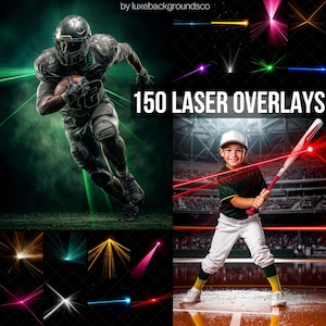 Op de afbeelding: Samengestelde afbeelding met een American footballspeler en een honkbalspeler, met laseroverlays. De American footballspeler draagt een grijs uniform en rent op een groen veld. De honkbalspeler houdt een knuppel vast. De tekst "150 LASER OVERLAYS" wordt weergegeven.