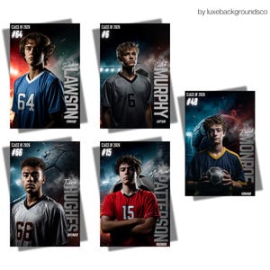 May include: Five portraits of young male soccer players. Each image shows a player in a jersey with a number, name, and position. The jerseys are blue, grey, and red. The text "Class of 2026" is at the top of each portrait.