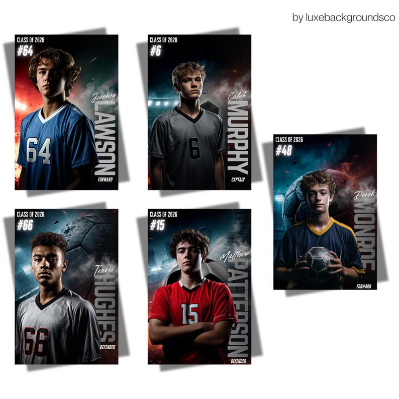 May include: Five portraits of young male soccer players. Each image shows a player in a jersey with a number, name, and position. The jerseys are blue, grey, and red. The text "Class of 2026" is at the top of each portrait.