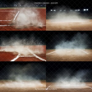 Pode incluir: Um campo de beisebol com uma nuvem de poeira subindo do campo interno. O campo &eacute; iluminado pelas luzes do est&aacute;dio. A imagem &eacute; dividida em tr&ecirc;s se&ccedil;&otilde;es, cada uma mostrando um &acirc;ngulo diferente da nuvem de poeira.