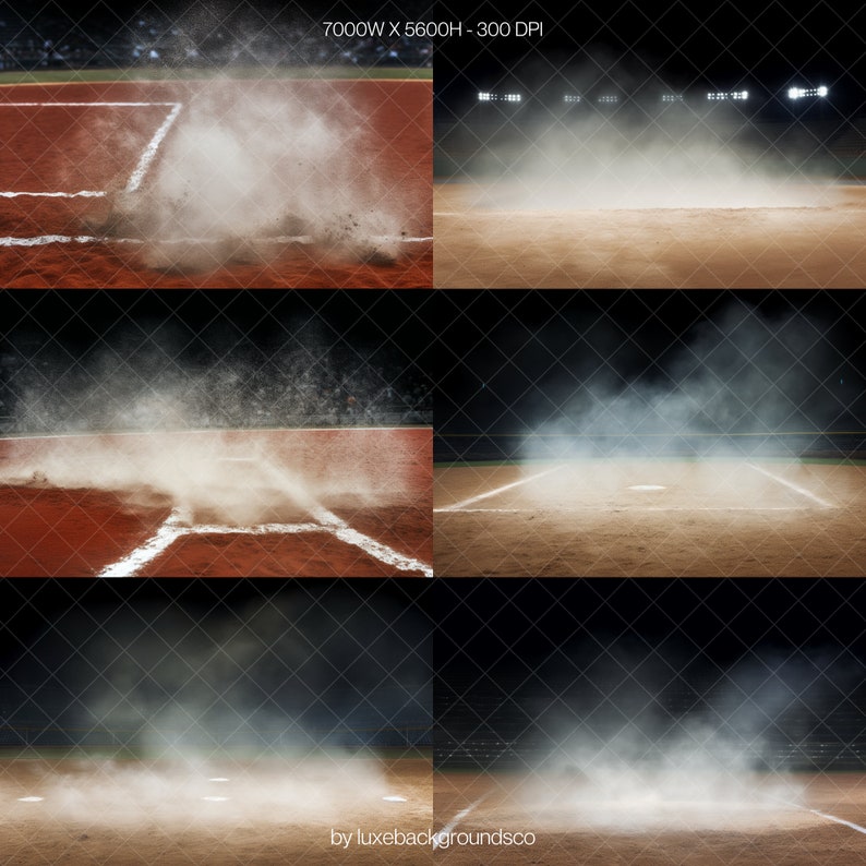 Pode incluir: Um campo de beisebol com uma nuvem de poeira subindo do campo interno. O campo &eacute; iluminado pelas luzes do est&aacute;dio. A imagem &eacute; dividida em tr&ecirc;s se&ccedil;&otilde;es, cada uma mostrando um &acirc;ngulo diferente da nuvem de poeira.