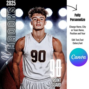 May include: A basketball player wearing a white jersey with the number 90 on the front and back. The jersey has a black mesh pattern. The player is standing on a basketball court with a basketball in his left hand. The text "2025 Brooks" is in the top left corner of the image. The text "90 Point Guard" is below the player's number. The text "Fully Personolize" is in the top right corner of the image. The text "Change Name, City or Team Name, Position and Year" is below the text "Fully Personolize". The text "Edit Text, Text Colors, Font" is below the text "Change Name, City or Team Name, Position and Year". The text "Canva" is in the bottom right corner of the image.
