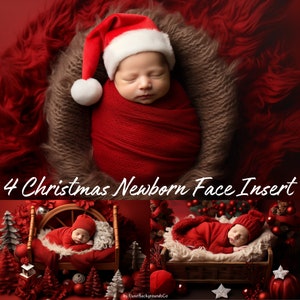 Pode incluir: Quatro imagens digitais de um recém-nascido usando um gorro de Papai Noel vermelho e um cobertor de embrulho vermelho. O bebê está dormindo em uma variedade de poses, incluindo em uma cesta, em uma cama e em um berço. As imagens são perfeitas para adicionar o rosto de um bebê a uma cena de Natal.