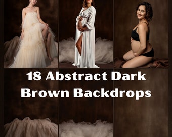 Puede incluir: Un collage de tres imágenes con diferentes mujeres posando frente a un fondo marrón oscuro. El fondo tiene un aspecto texturizado y abstracto. El texto "18 Abstract Dark Brown Backdrops" se muestra en letras blancas sobre un fondo marrón oscuro. El texto "by LuxeBackgroundsCo" se muestra en letras blancas sobre un fondo marrón oscuro.