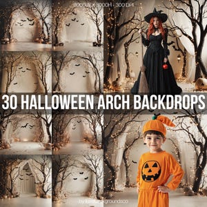 May include: 30 Halloween arch backdrops featuring a spooky forest scene with bare branches, twinkling lights, and bats. The backdrops are perfect for creating a magical and festive atmosphere for your Halloween photoshoots.