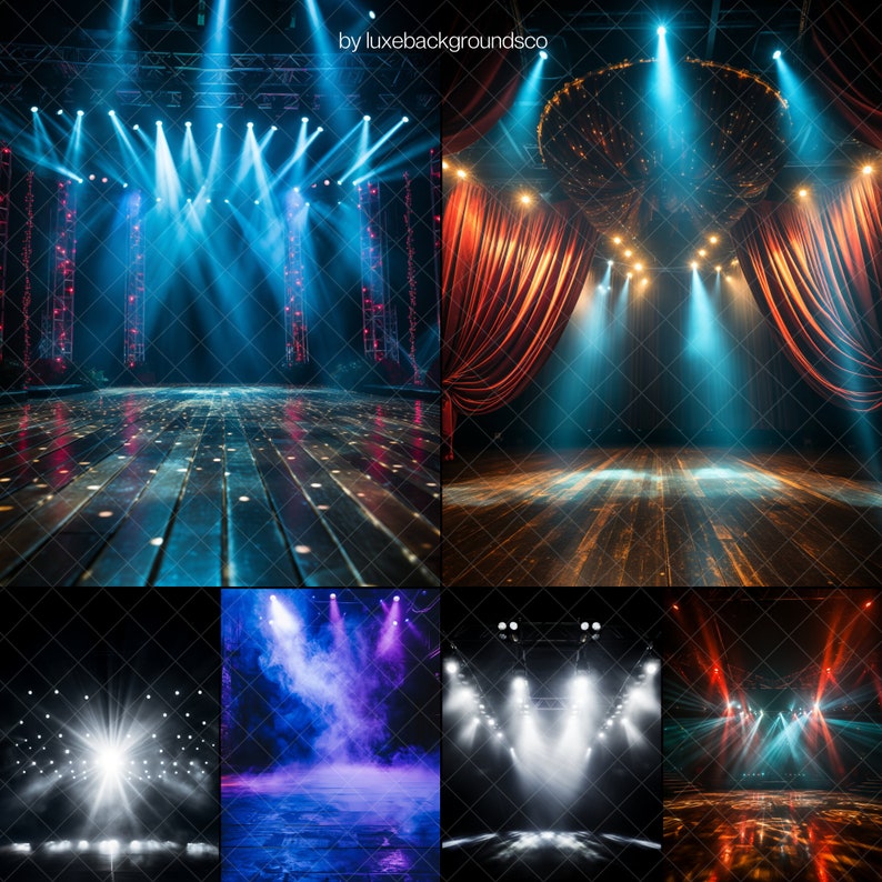 May include: A collection of six different stage backgrounds with various lighting setups. Each background features a wooden floor and spotlights shining from above. The backgrounds include blue, purple, white, and red lighting.