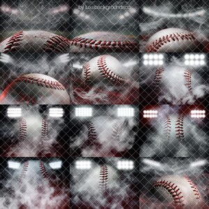 Peut inclure: Un collage de balles de baseball avec des coutures rouges, sur fond de projecteurs de stade et d'effets de fum&eacute;e. Les balles de baseball sont partiellement obscurcies par la brume, avec un treillis m&eacute;tallique superpos&eacute;. L'image a une esth&eacute;tique dramatique sur le th&egrave;me du sport.