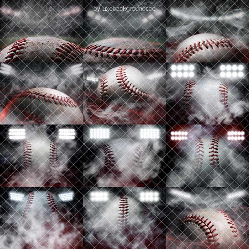 Peut inclure: Un collage de balles de baseball avec des coutures rouges, sur fond de projecteurs de stade et d'effets de fum&eacute;e. Les balles de baseball sont partiellement obscurcies par la brume, avec un treillis m&eacute;tallique superpos&eacute;. L'image a une esth&eacute;tique dramatique sur le th&egrave;me du sport.