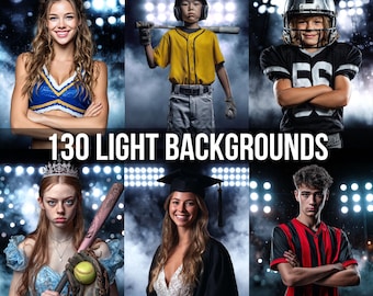 May include: A composite image featuring six individuals in various sports and academic settings. The text "130 LIGHT BACKGROUNDS" is prominently displayed. The image includes a cheerleader, baseball player, football player, princess, graduate, and soccer player.