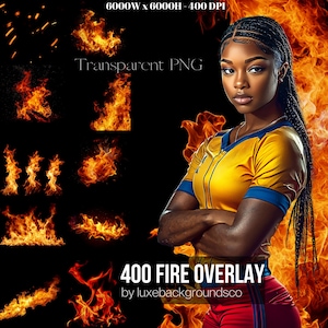 May include: A woman wearing a yellow and blue jersey with her arms crossed, standing in front of a fiery background. The text "400 FIRE OVERLAY by luxebackgroundsco" is at the bottom of the image.