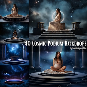 Puede incluir: 40 Fondos de Podium Cósmicos de LuxeBackgroundsCo. Una colección de fondos digitales que presentan una variedad de escenas cósmicas con una luna, estrellas y nebulosas. Cada fondo incluye un podio de piedra con una parte superior circular.