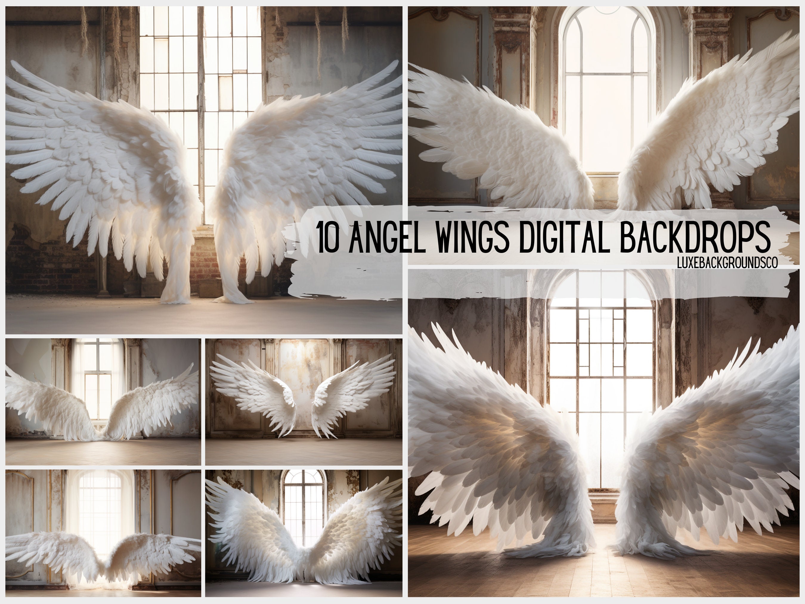 10 White Angel Wings Digital Backdrop, Photoshop Fine Art Textures ...