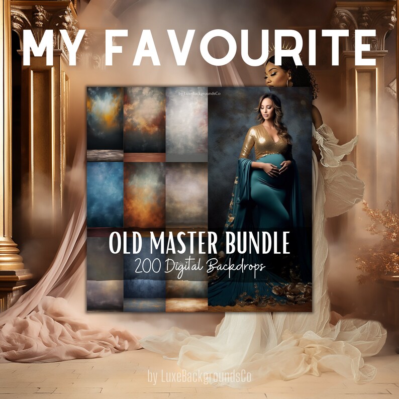 Puede incluir: Un collage de 200 fondos digitales en varios colores y texturas, con un t&iacute;tulo que dice "Old Master Bundle 200 Digital Backdrops" y un lema que dice "My Favourite".