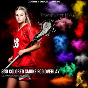 May include: A female athlete wearing a red jersey with the number 18 holds a lacrosse stick in front of a red and black smoke background. The image includes a collection of 330 colored smoke fog overlays, perfect for adding a dramatic effect to photos.