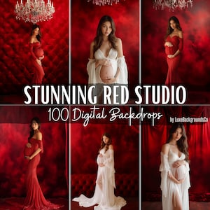 May include: A set of 100 digital backdrops featuring a red studio setting with a velvet couch and various lighting effects. The backdrops are ideal for photographers and digital artists looking to create stunning images.