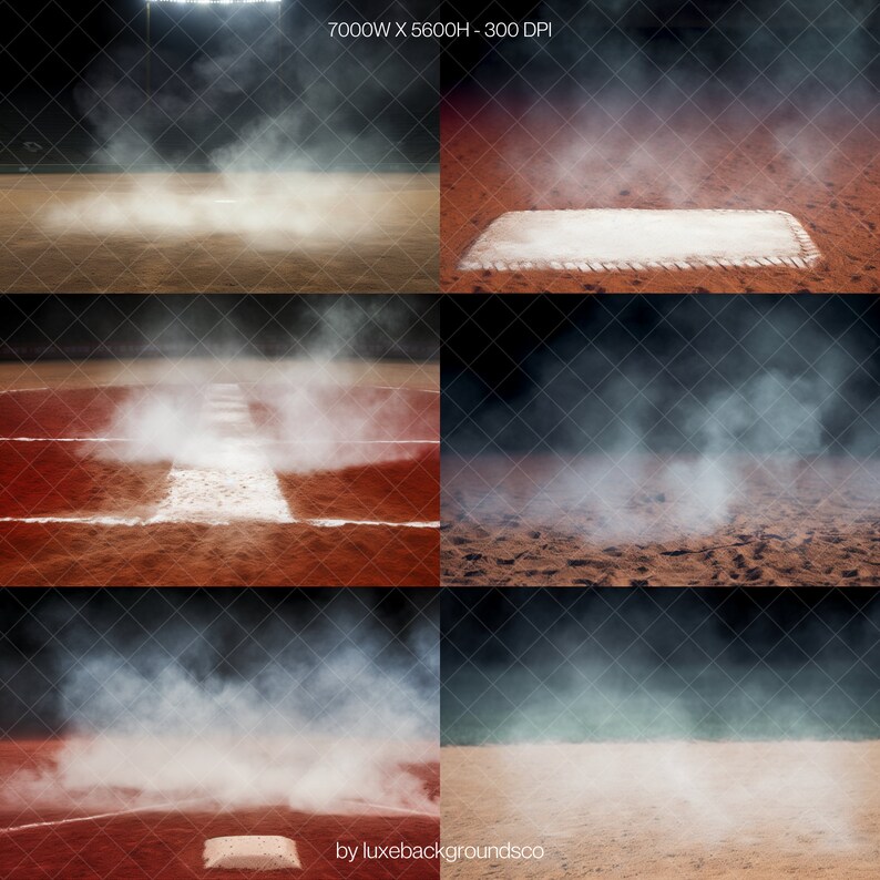 Pode incluir: Seis imagens diferentes de um campo de beisebol com uma base branca e uma nuvem de poeira ou fuma&ccedil;a no ar. As imagens est&atilde;o dispostas em uma grade de duas linhas e tr&ecirc;s colunas.