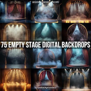 May include: A set of 75 digital stage backdrops featuring empty stages with red velvet curtains, gold trim, and spotlights. The backdrops are perfect for adding a theatrical touch to your photos and videos.