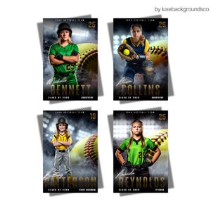 Pu&ograve; includere: Quattro poster della squadra di softball con giocatrici. Ogni poster include il nome, la posizione e la classe del 2020. I poster hanno uno sfondo scuro con una palla da softball e luci dello stadio.